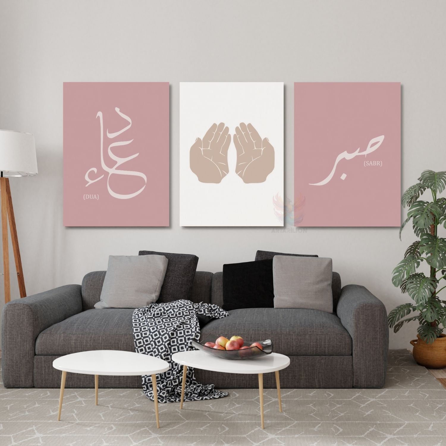 Dua Sabır Manevi Dini Huzur Pembe Dikey 3'lü Kanvas Tablo Seti