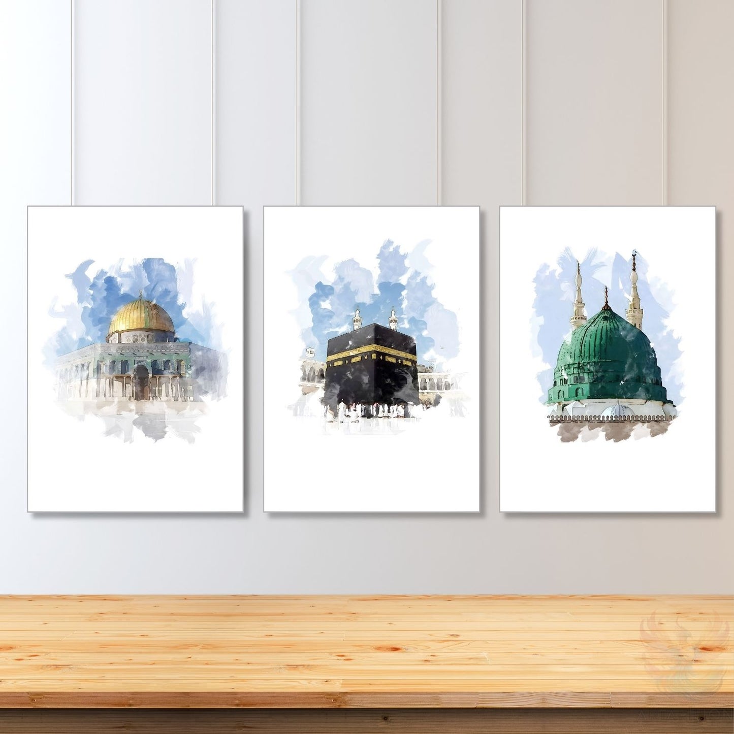 Dikey 3'lü Kanvas Tablo Kabe Mescid-i Aksa Mescid-i Nebevi Dini Manevi İslami Duvar Salon Tablosu