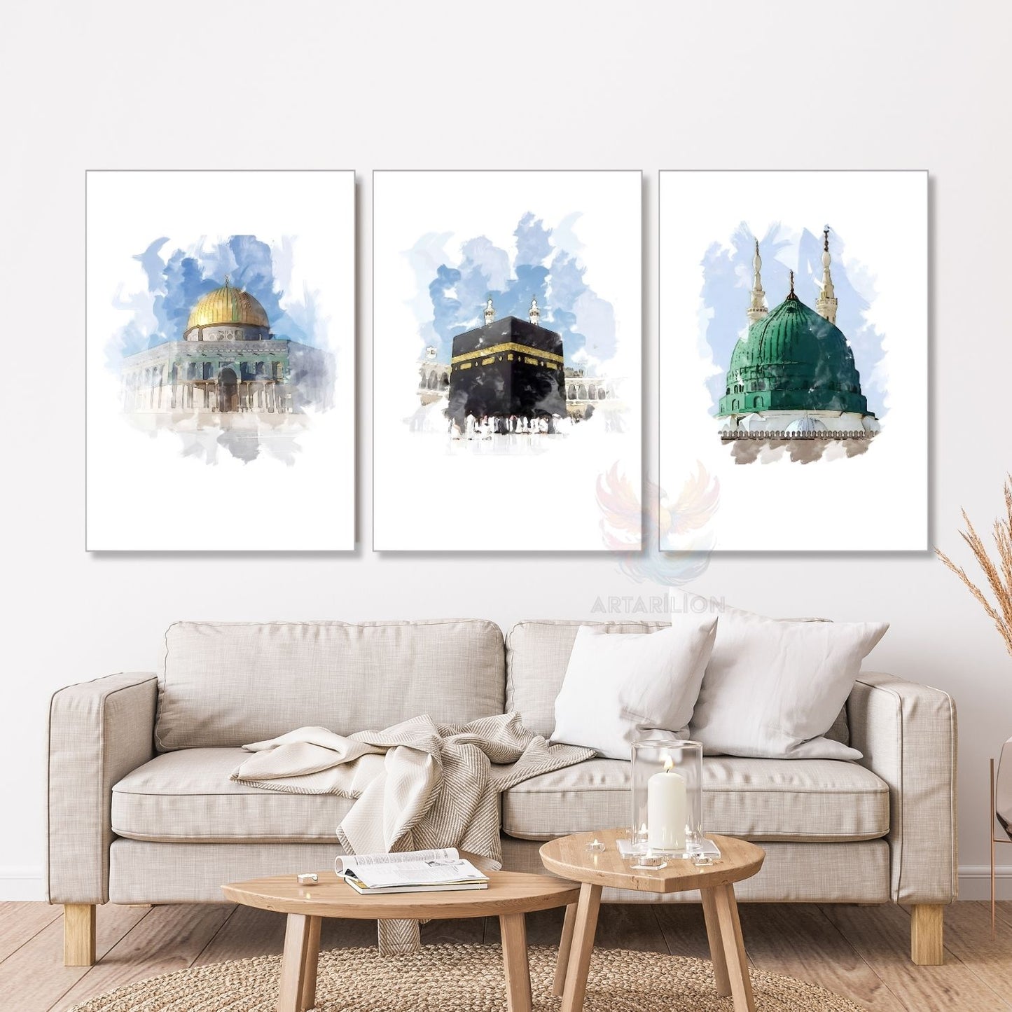 Dikey 3'lü Kanvas Tablo Kabe Mescid-i Aksa Mescid-i Nebevi Dini Manevi İslami Duvar Salon Tablosu