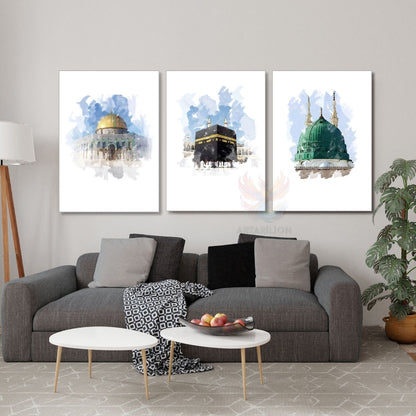 Dikey 3'lü Kanvas Tablo Kabe Mescid-i Aksa Mescid-i Nebevi Dini Manevi İslami Duvar Salon Tablosu