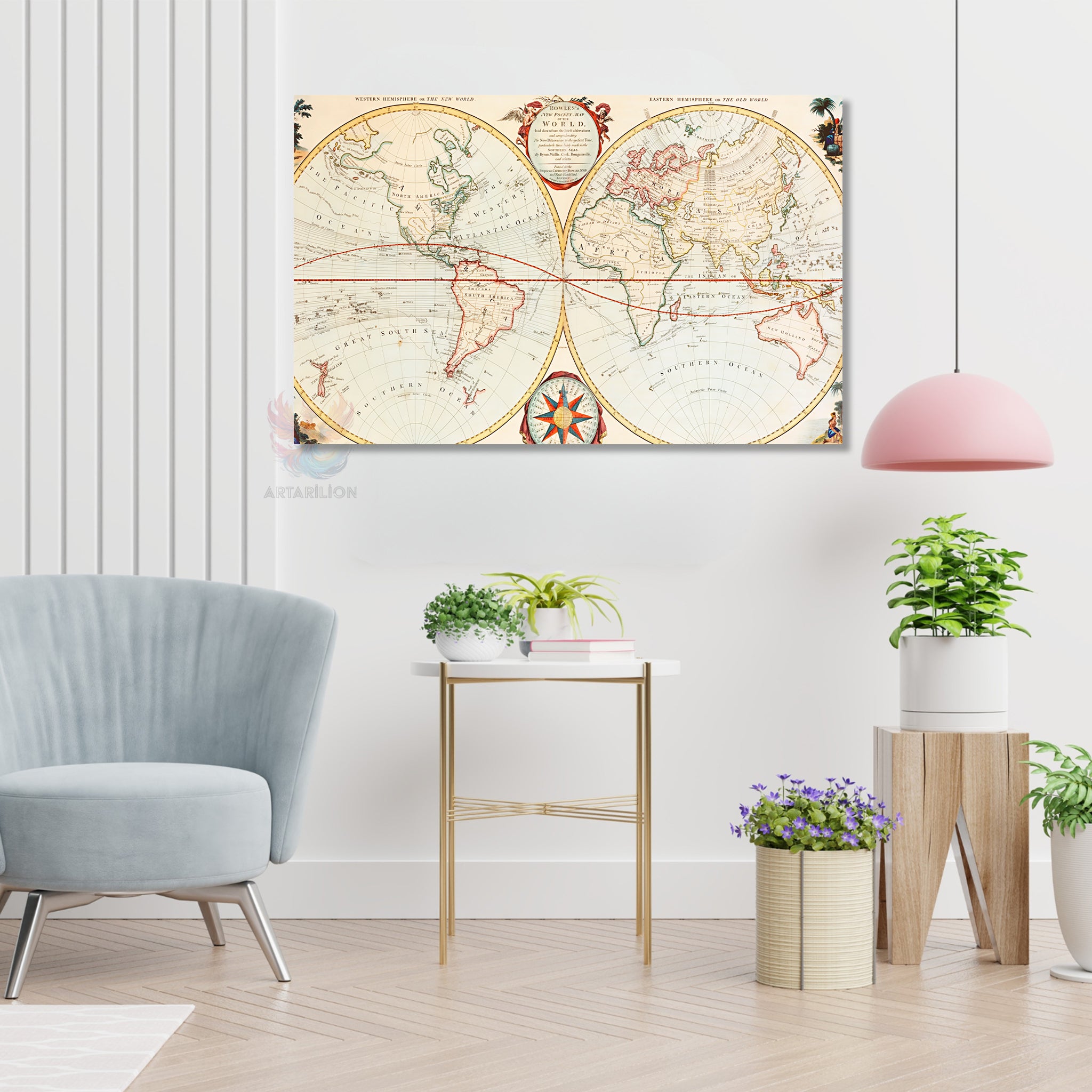 Dünya Haritası Modern Dikey Kanvas Tablo