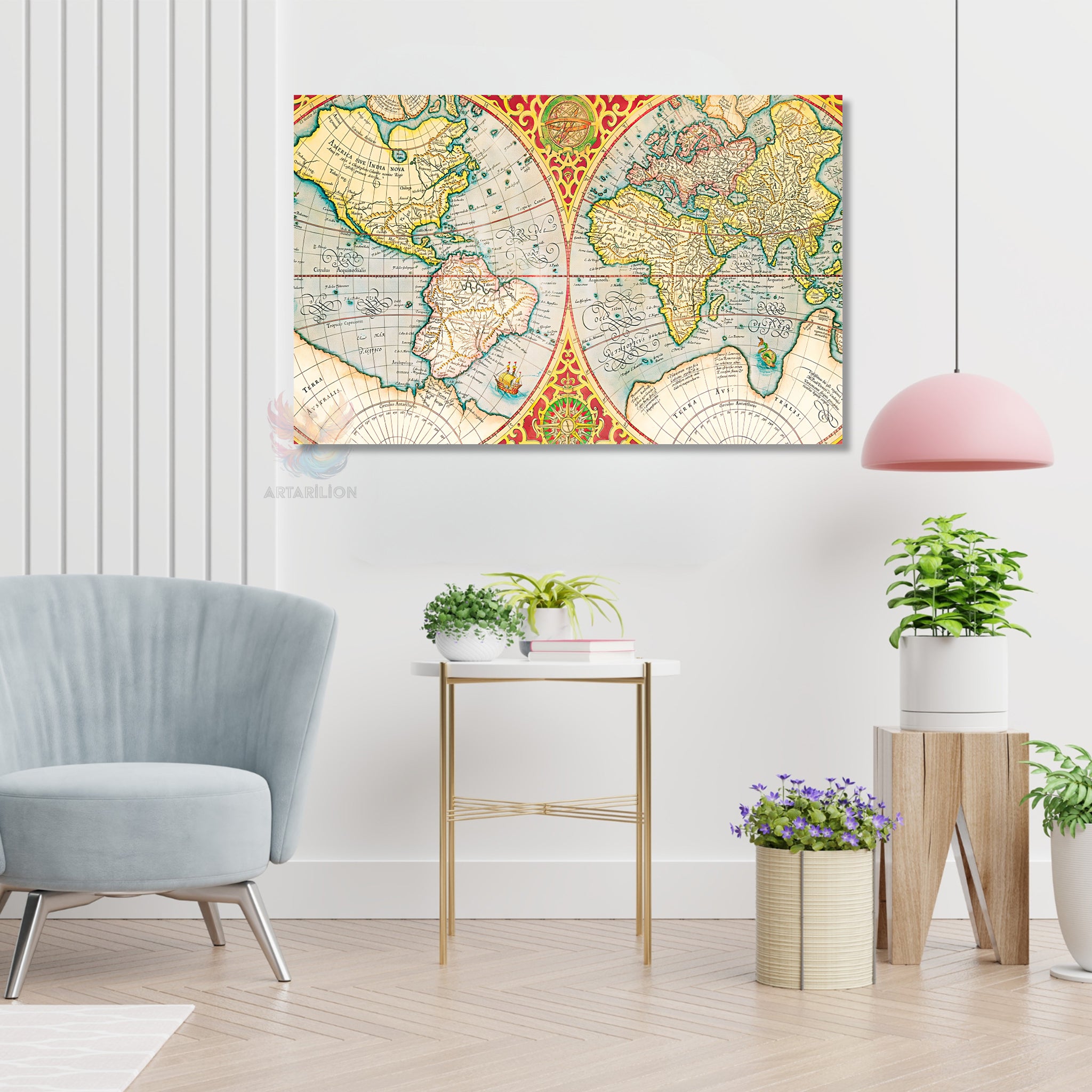 Dünya Haritası Modern Özgün Dikey Kanvas Tablo