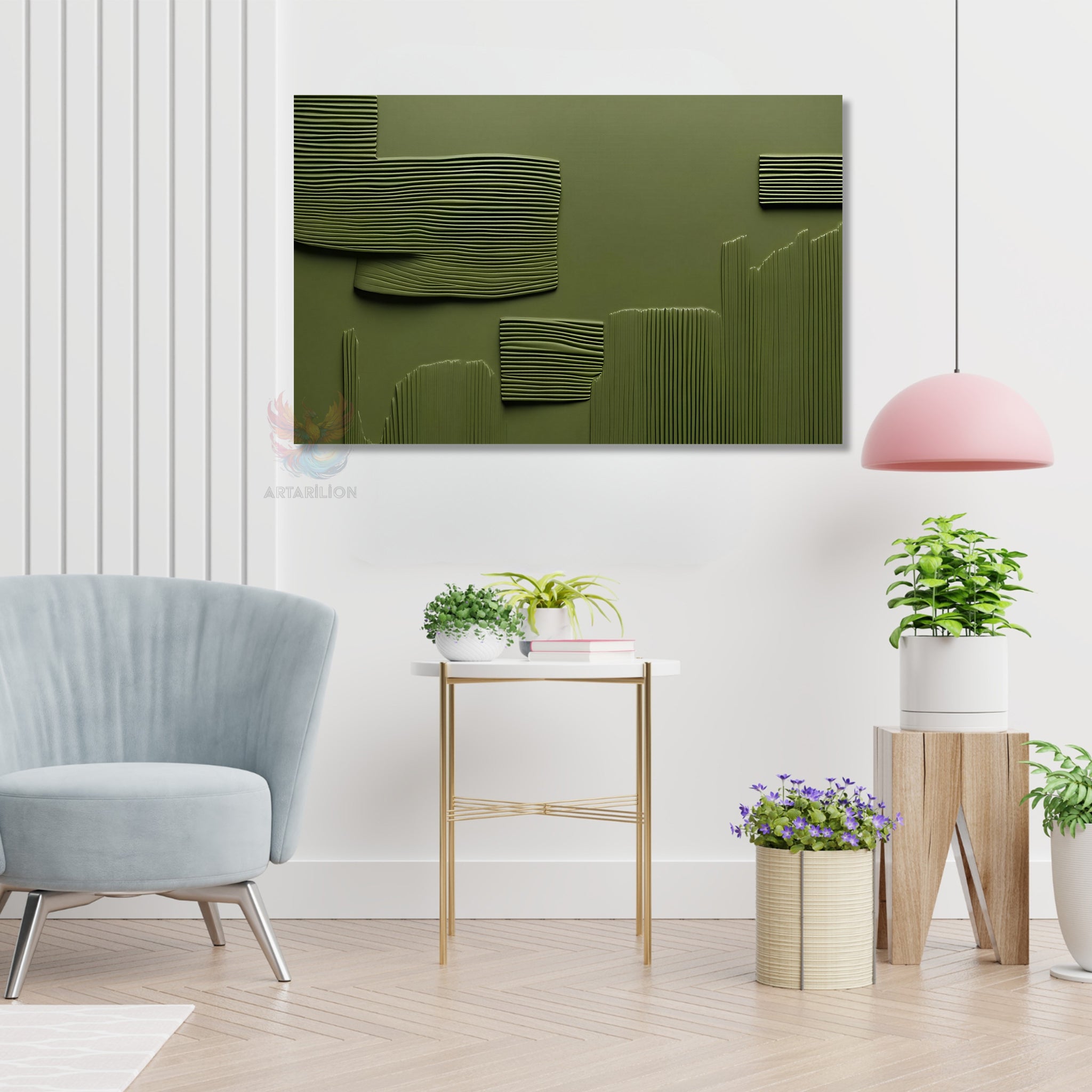 Yeşil Çizgiler Modern Dikey Kanvas Tablo