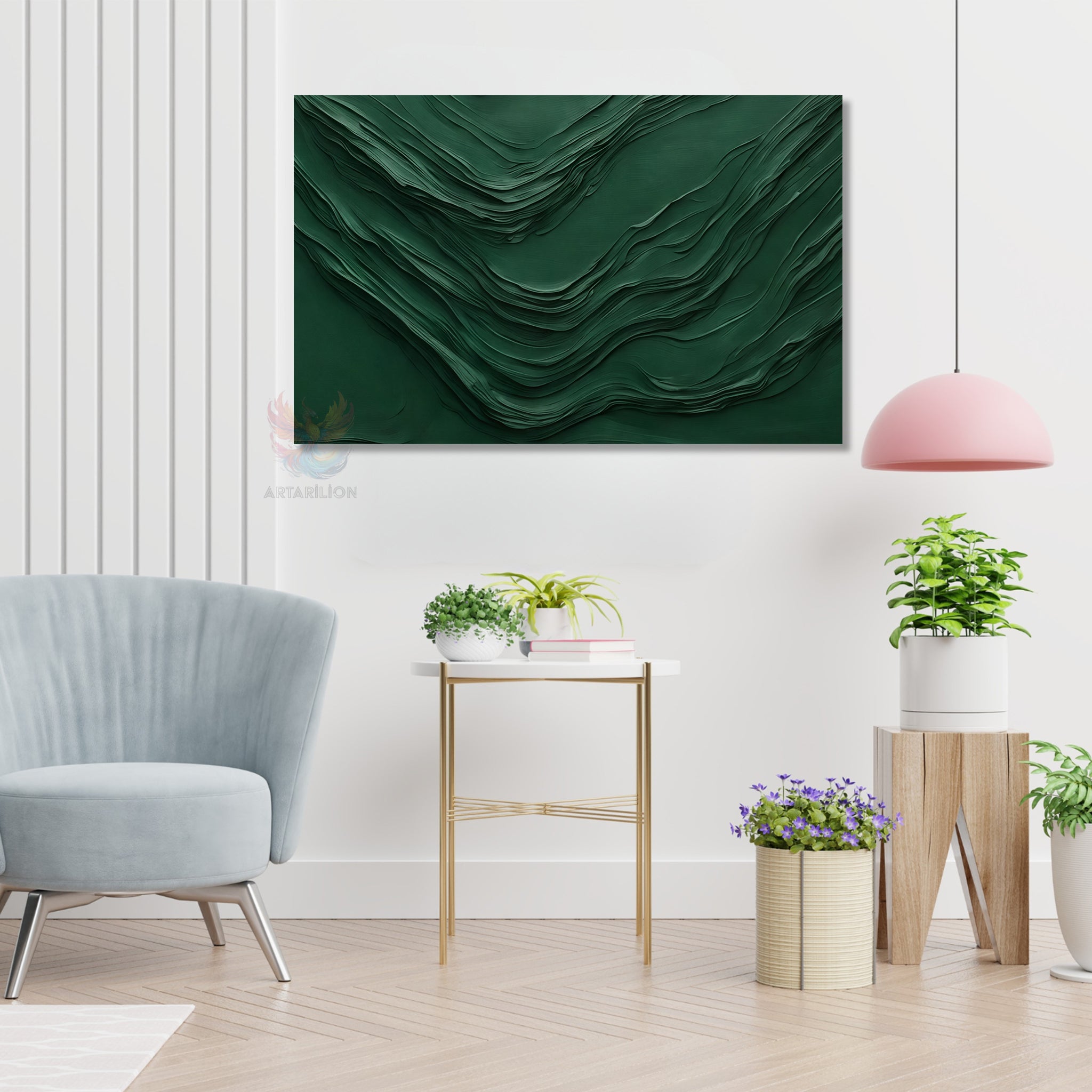 Yeşil Çizgiler Modern Özgün Dikey Kanvas Tablo