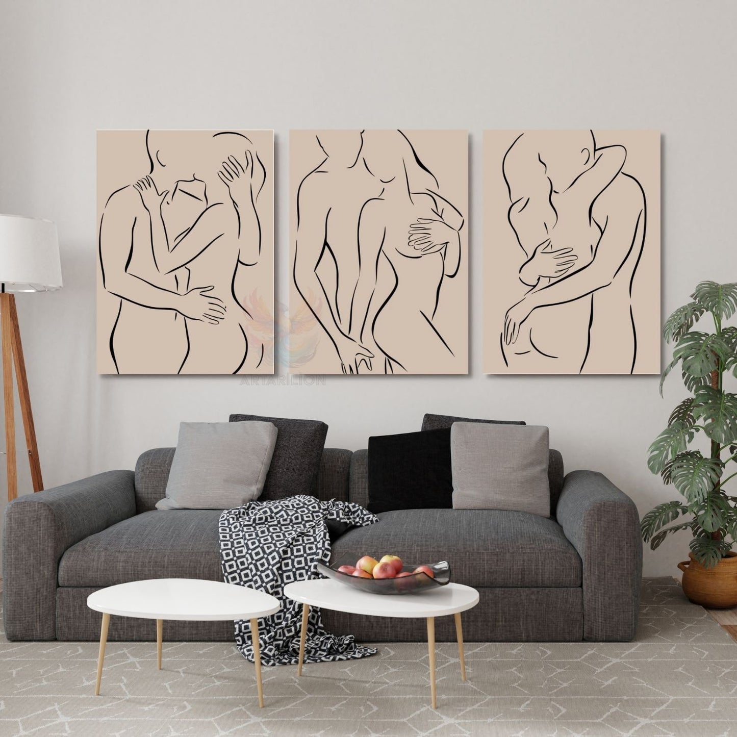 Dikey 3'lü Kanvas Tablo Aşık Çift Line Art Minimal Tasarım Modern Duvar Tablosu