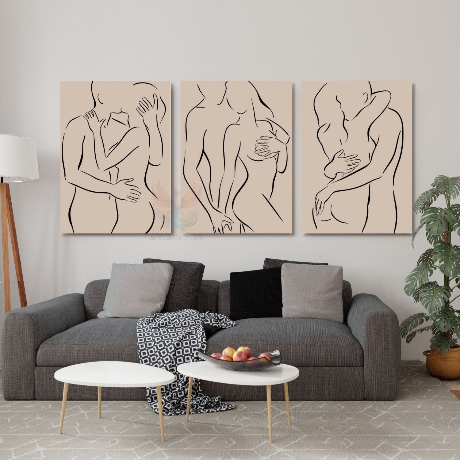 Aşık Çift Line Art Minimal Tasarım Modern Dikey 3'lü Kanvas Tablo Seti