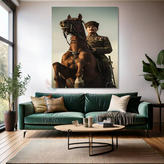 Kanvas Dikey Duvar Tablosu Kanvas Atatürk At Üstünde Ev Ofis Salon Modern Duvar Tablosu