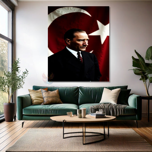 Kanvas Dikey Duvar Tablosu Kanvas Atatürk ve Bayrak Ev Ofis Salon Modern Duvar Tablosu