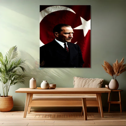 Kanvas Dikey Duvar Tablosu Kanvas Atatürk ve Bayrak Ev Ofis Salon Modern Duvar Tablosu