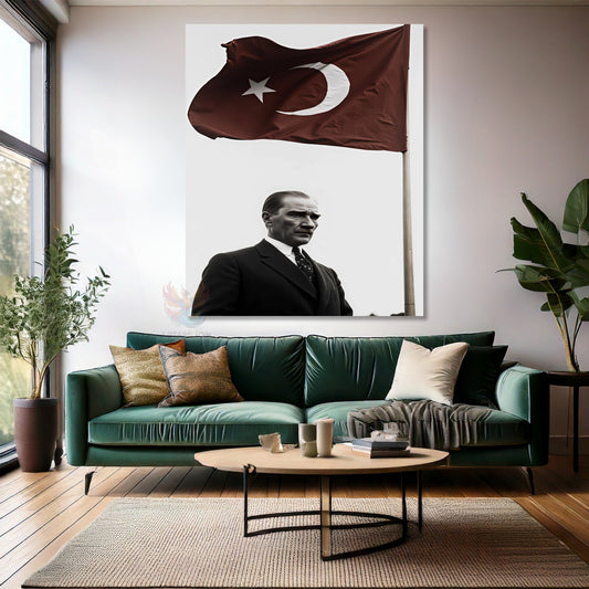 Kanvas Dikey Duvar Tablosu Kanvas Bayrak ve Atatürk Ev Ofis Salon Modern Duvar Tablosu