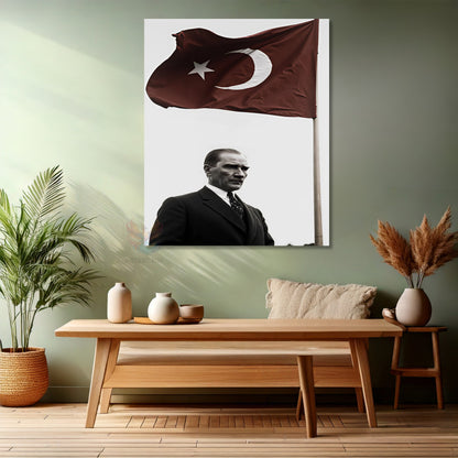 Kanvas Dikey Duvar Tablosu Kanvas Bayrak ve Atatürk Ev Ofis Salon Modern Duvar Tablosu