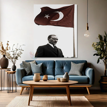 Kanvas Dikey Duvar Tablosu Kanvas Bayrak ve Atatürk Ev Ofis Salon Modern Duvar Tablosu