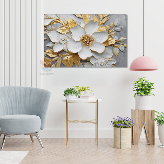 Kanvas Tablo Yüksek Kaliteli Kanvas Duvar Tablosu Beyaz Altın Çiçek Yeni Ev Hediyesi Ev Dekorasyon