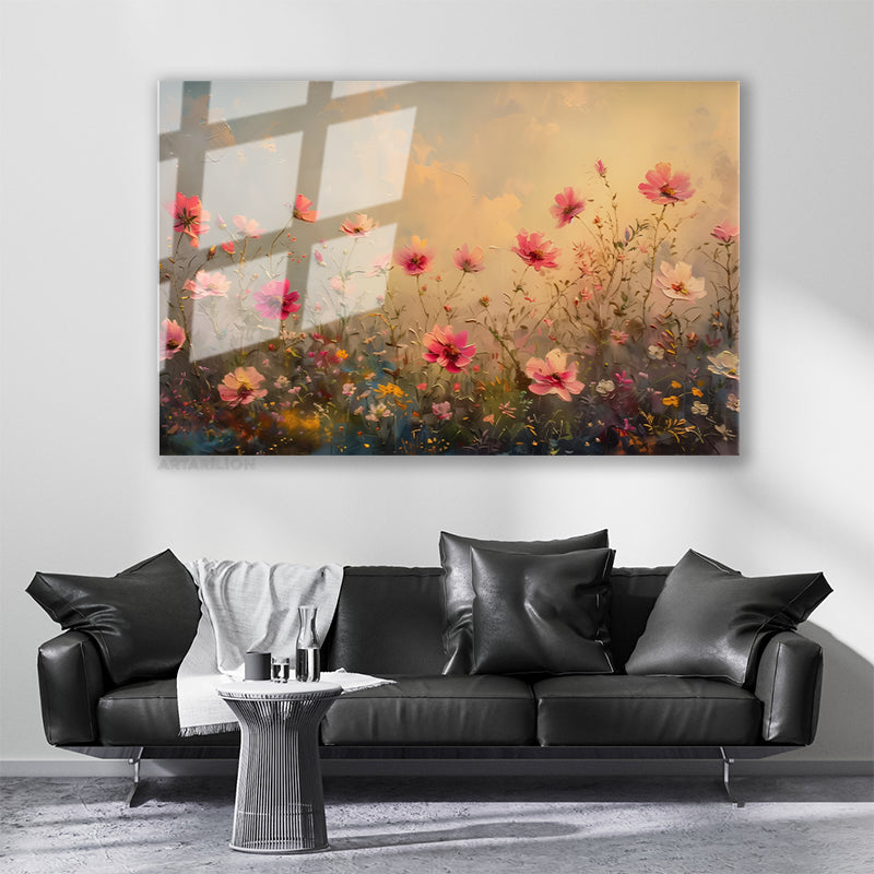 Glass Horizontal Wall Art Glass Flower Garden33 Home Office Living Room Modern Wall Art