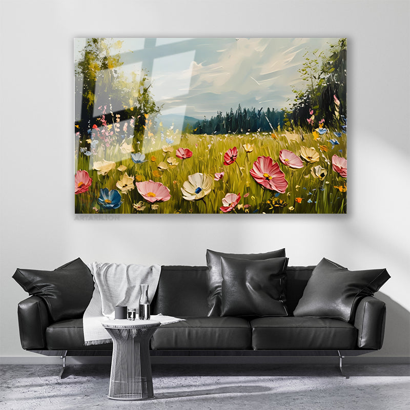Glass Horizontal Wall Art Glass Flower Garden66 Home Office Living Room Modern Wall Art