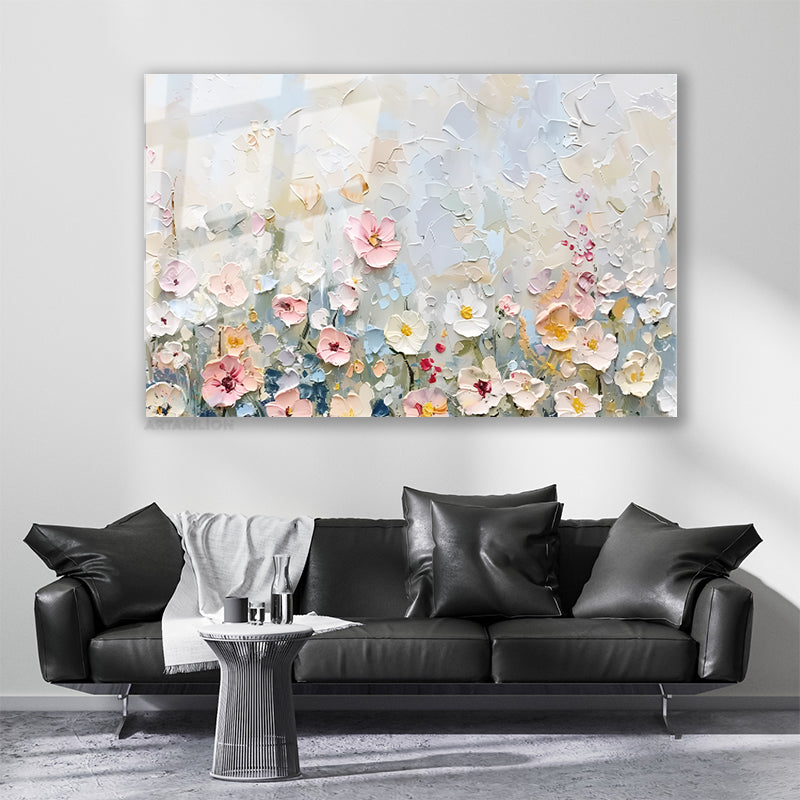 Glass Horizontal Wall Art, Glass Brushstrokes Flowers, 4 Home Office Living Room Modern Wall Art