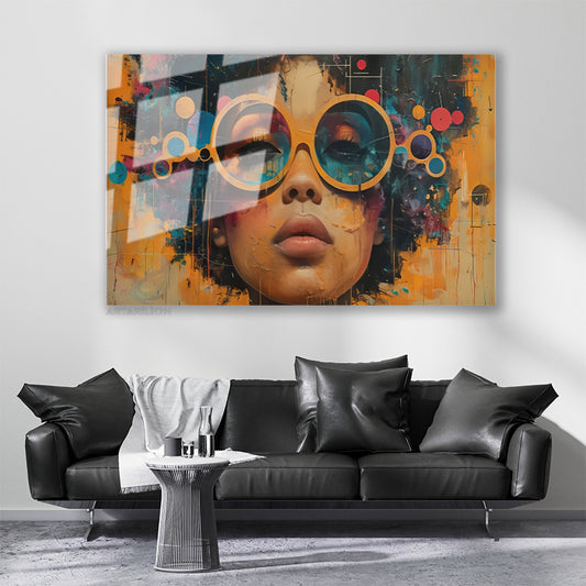 Glass Horizontal Wall Art, Girl with Glasses, Modern Wall Art for Home, Office, Living Room.