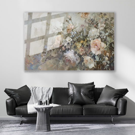 Glass Horizontal Wall Art, Glass Rose Garden, Modern Wall Art for Home, Office, Living Room.