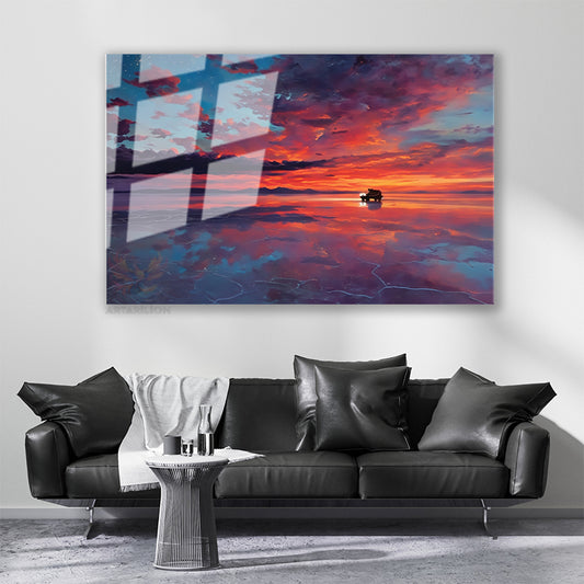Glass Horizontal Wall Art, Glass Sunset Colors, Home Office Living Room Modern Wall Art