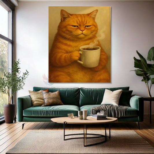Kanvas Dikey Duvar Tablosu Kanvas Kahve İçen Kedi Ev Ofis Salon Modern Duvar Tablosu