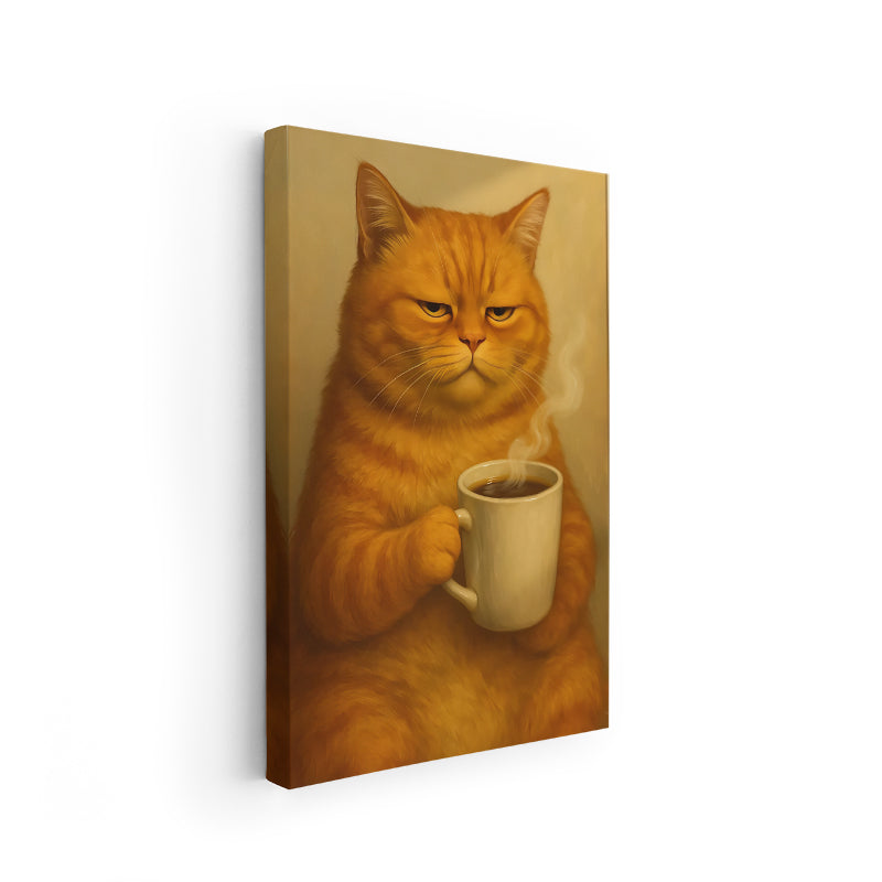 Kahve İçen Kedi Modern Dikey Kanvas Tablo