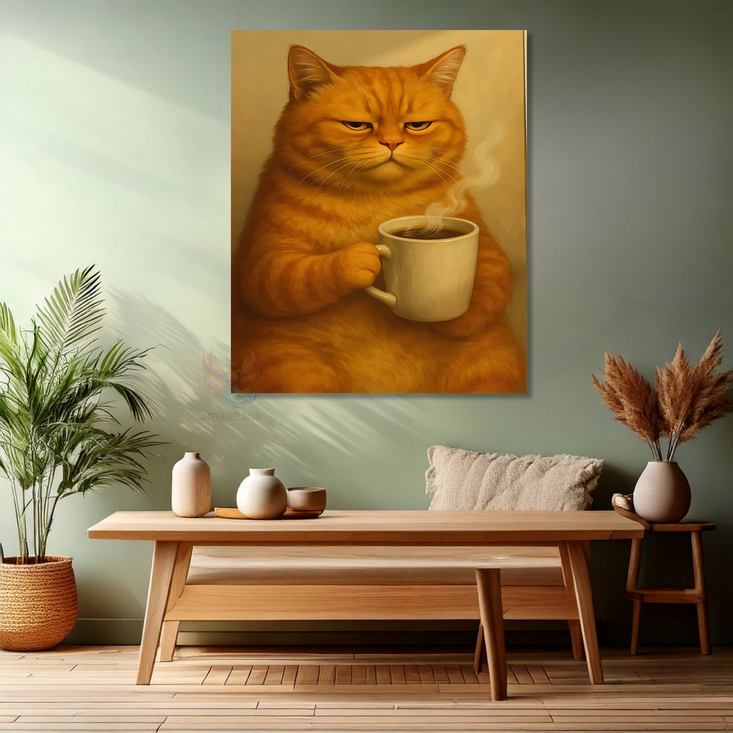 Kanvas Dikey Duvar Tablosu Kanvas Kahve İçen Kedi Ev Ofis Salon Modern Duvar Tablosu