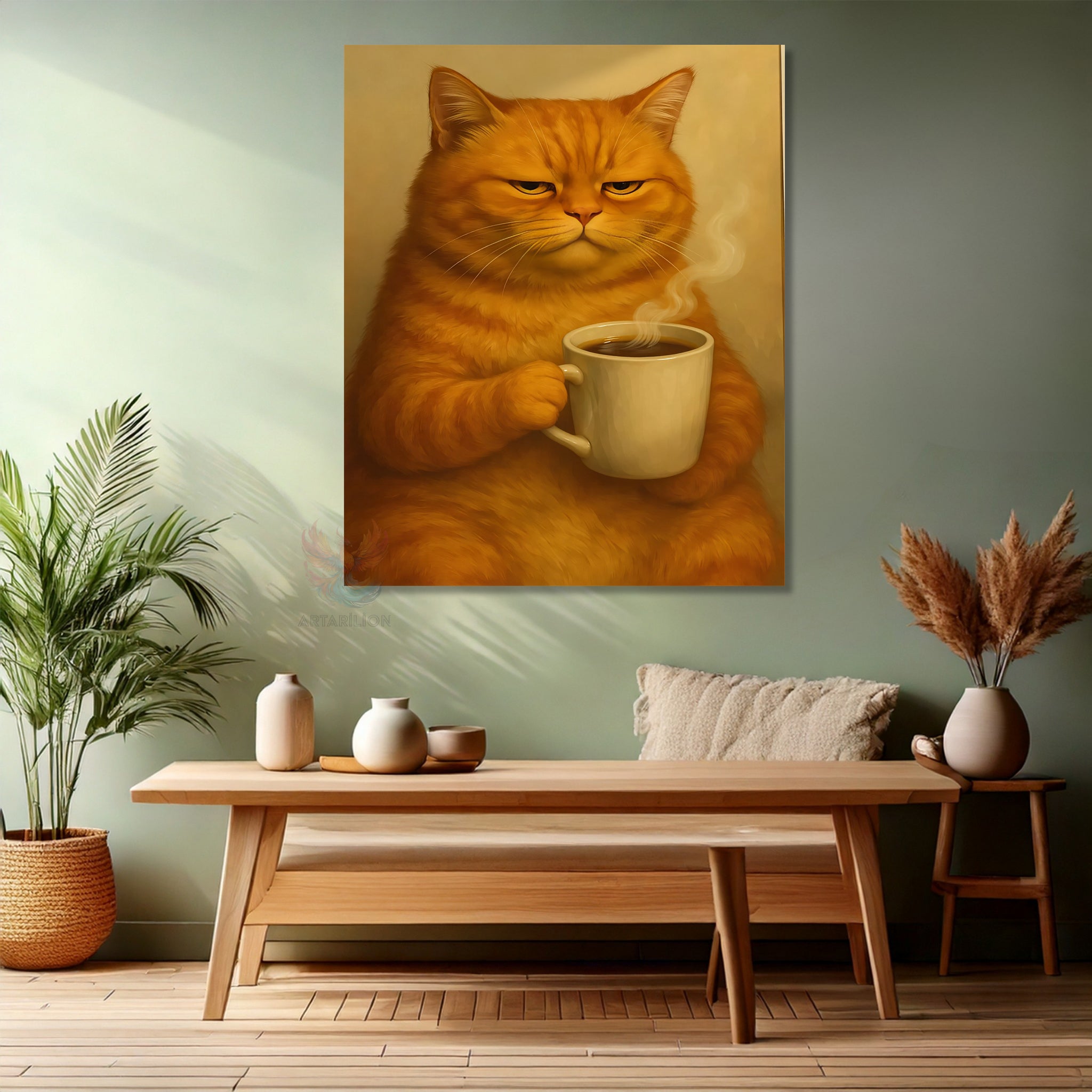 Kahve İçen Kedi Modern Dikey Kanvas Tablo
