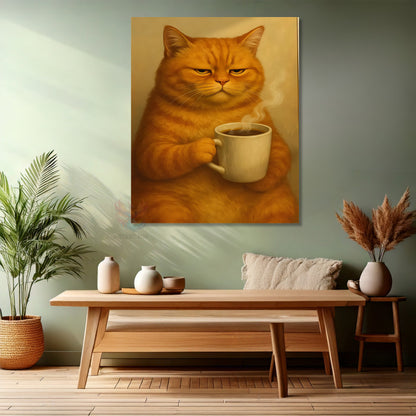 Kanvas Dikey Duvar Tablosu Kanvas Kahve İçen Kedi Ev Ofis Salon Modern Duvar Tablosu