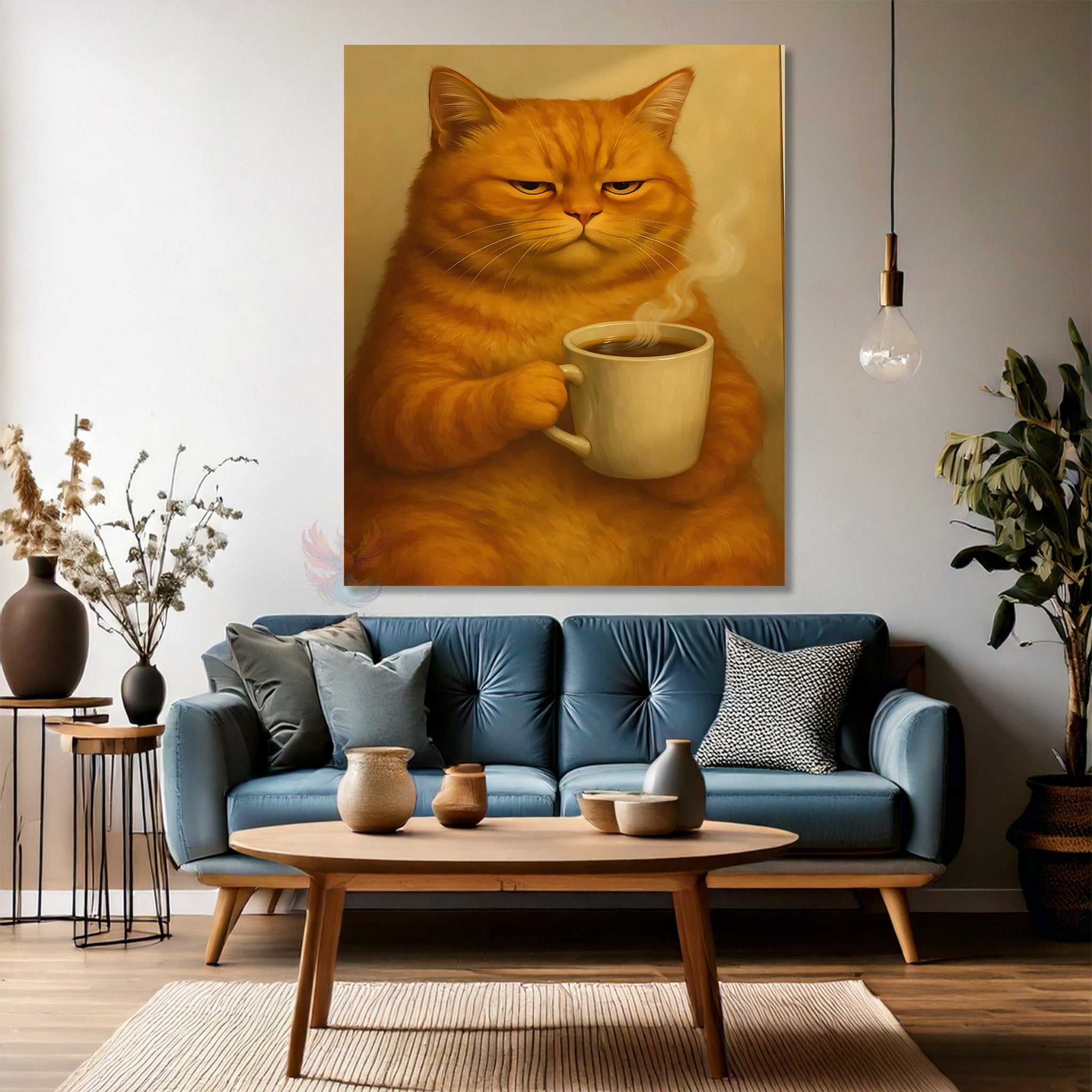 Kahve İçen Kedi Modern Dikey Kanvas Tablo