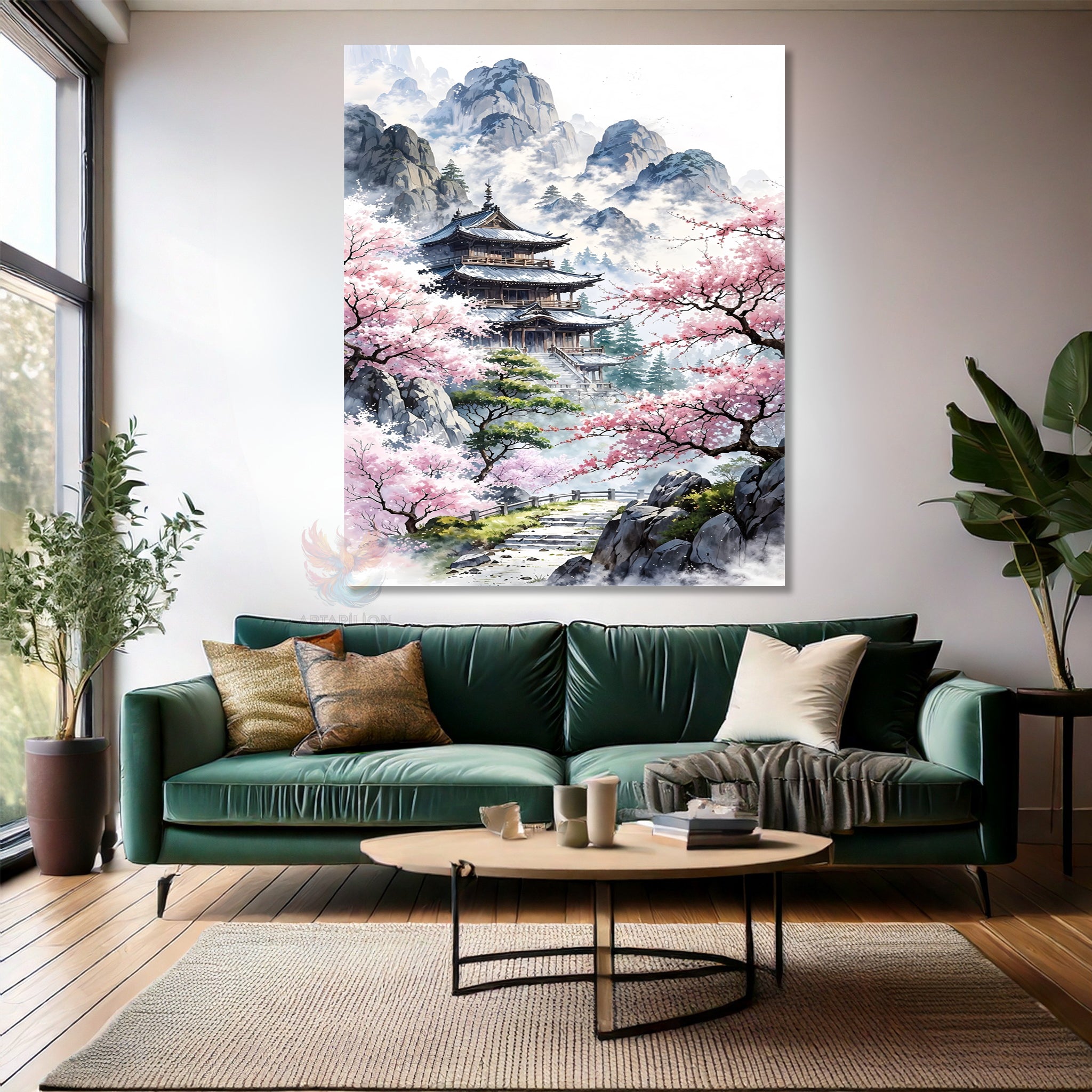 Canvas Vertical Wall Art, Canvas Cherry Blossoms and Temple, Home Office Living Room Modern Wall Art