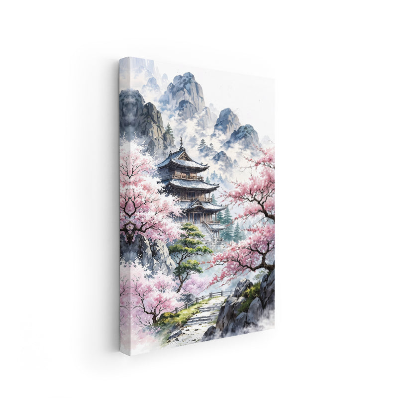 Canvas Vertical Wall Art, Canvas Cherry Blossoms and Temple, Home Office Living Room Modern Wall Art