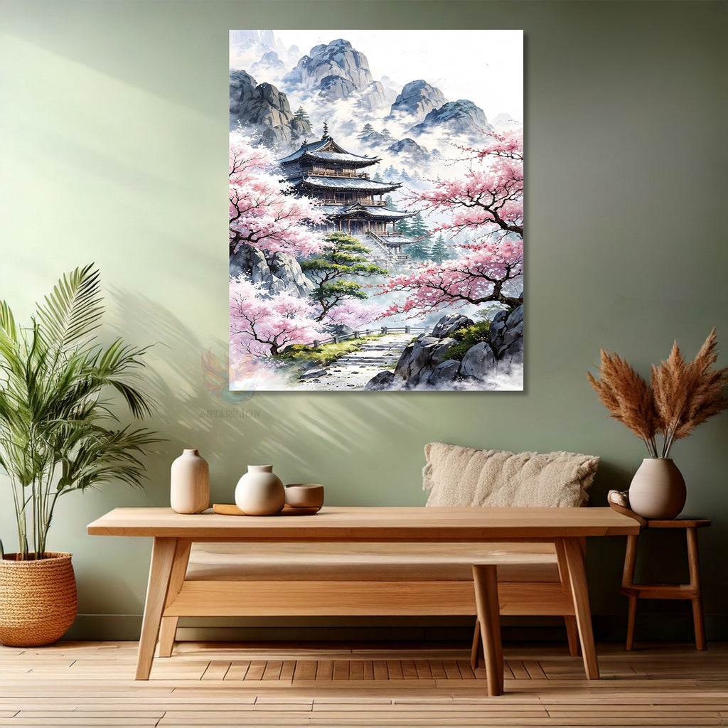 Canvas Vertical Wall Art, Canvas Cherry Blossoms and Temple, Home Office Living Room Modern Wall Art