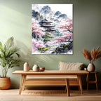 Canvas Vertical Wall Art, Canvas Cherry Blossoms and Temple, Home Office Living Room Modern Wall Art