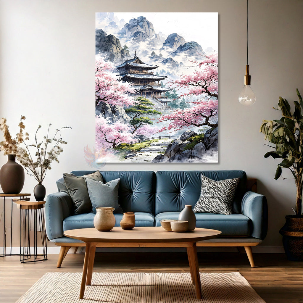 Canvas Vertical Wall Art, Canvas Cherry Blossoms and Temple, Home Office Living Room Modern Wall Art