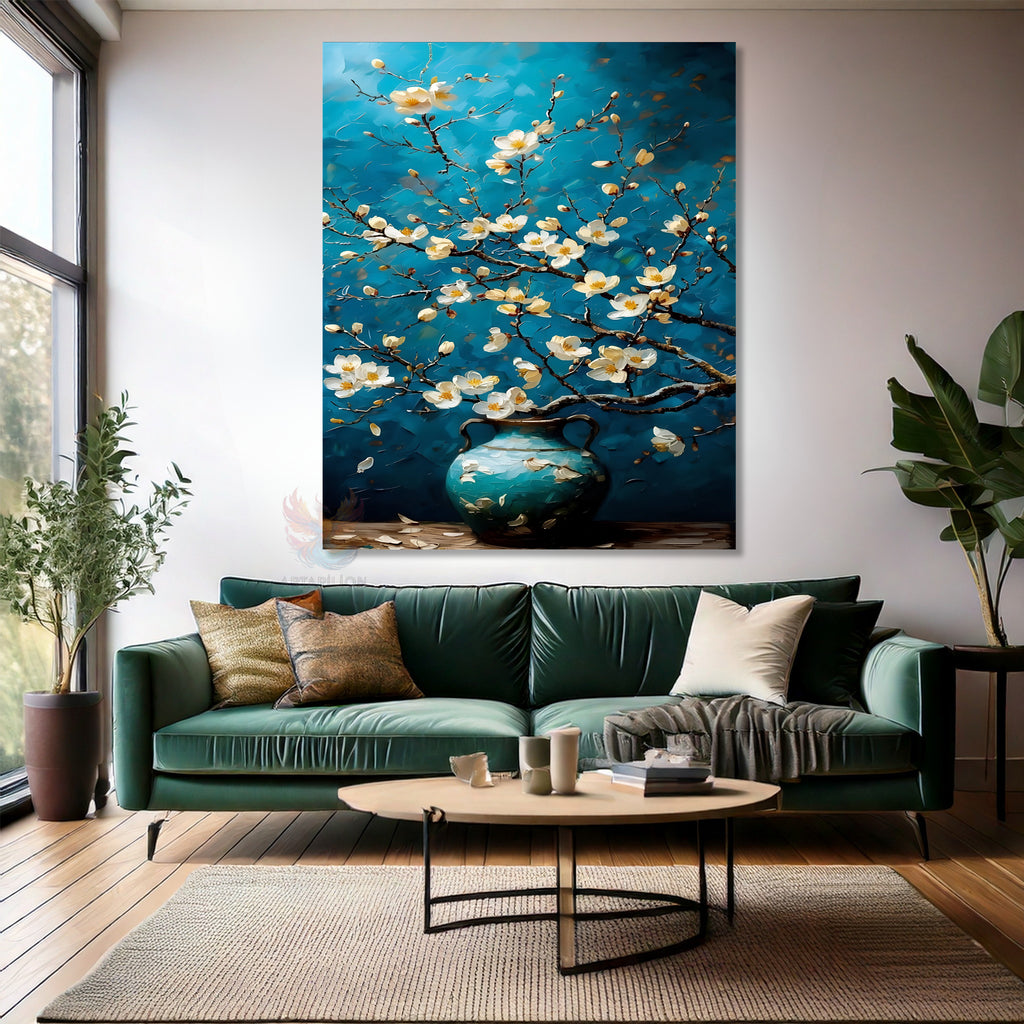Canvas Vertical Wall Art, Flowers in a Blue Vase, Modern Wall Art for Home, Office, Living Room.