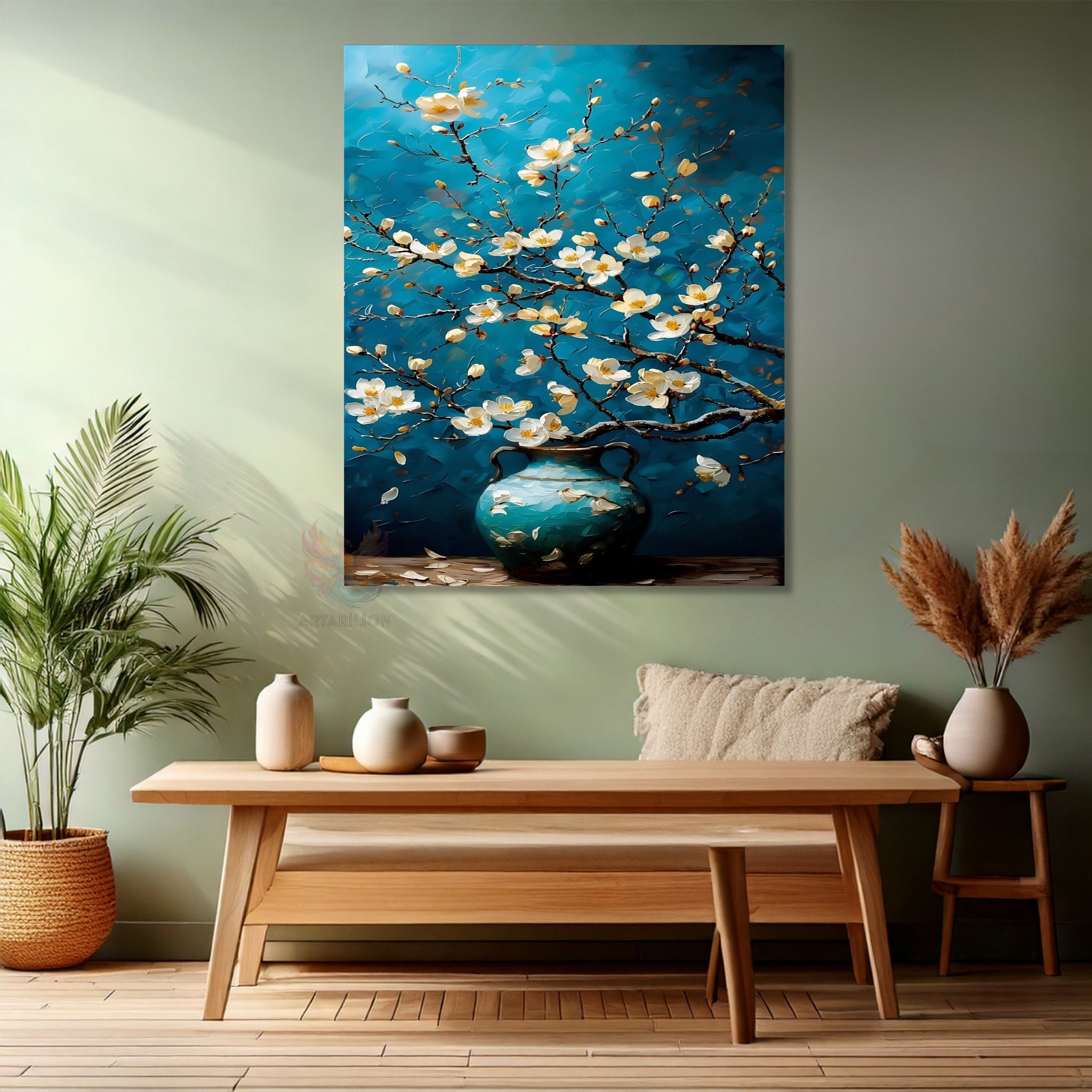 Canvas Vertical Wall Art, Flowers in a Blue Vase, Modern Wall Art for Home, Office, Living Room.