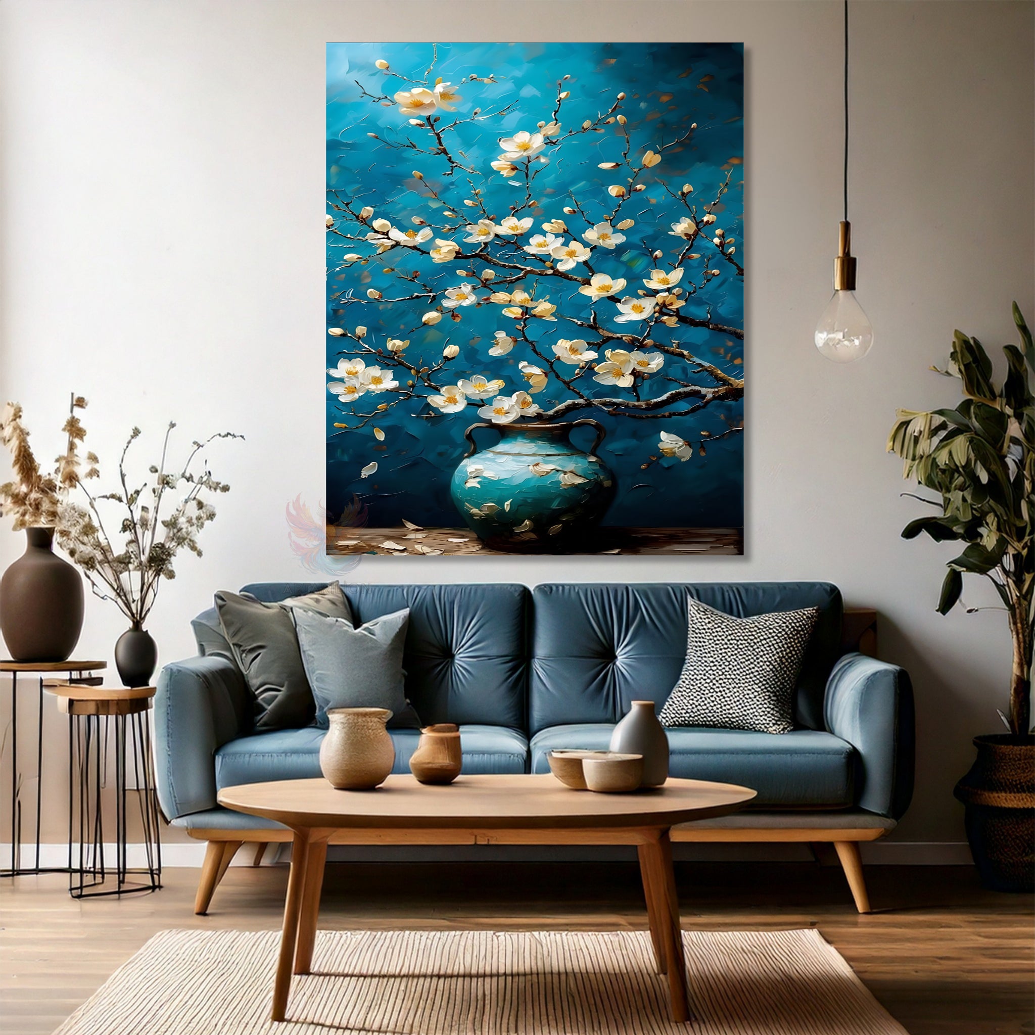 Canvas Vertical Wall Art, Flowers in a Blue Vase, Modern Wall Art for Home, Office, Living Room.