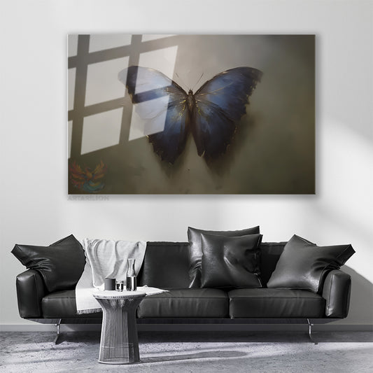 Glass Horizontal Wall Art, Glass Blue Black Butterfly, Modern Wall Art for Home, Office, Living Room.