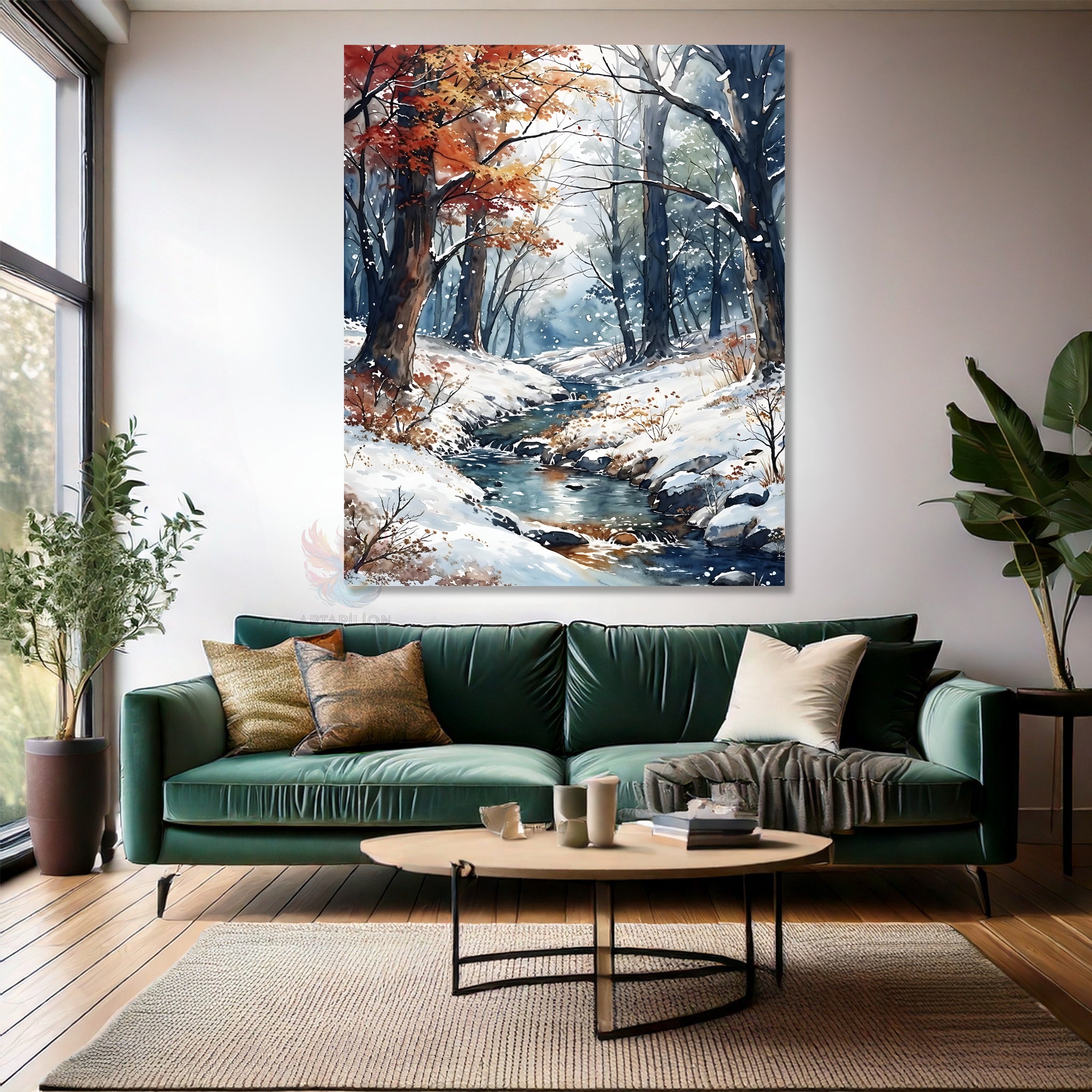 Nehir ve Karlı Orman Modern Dikey Kanvas Tablo