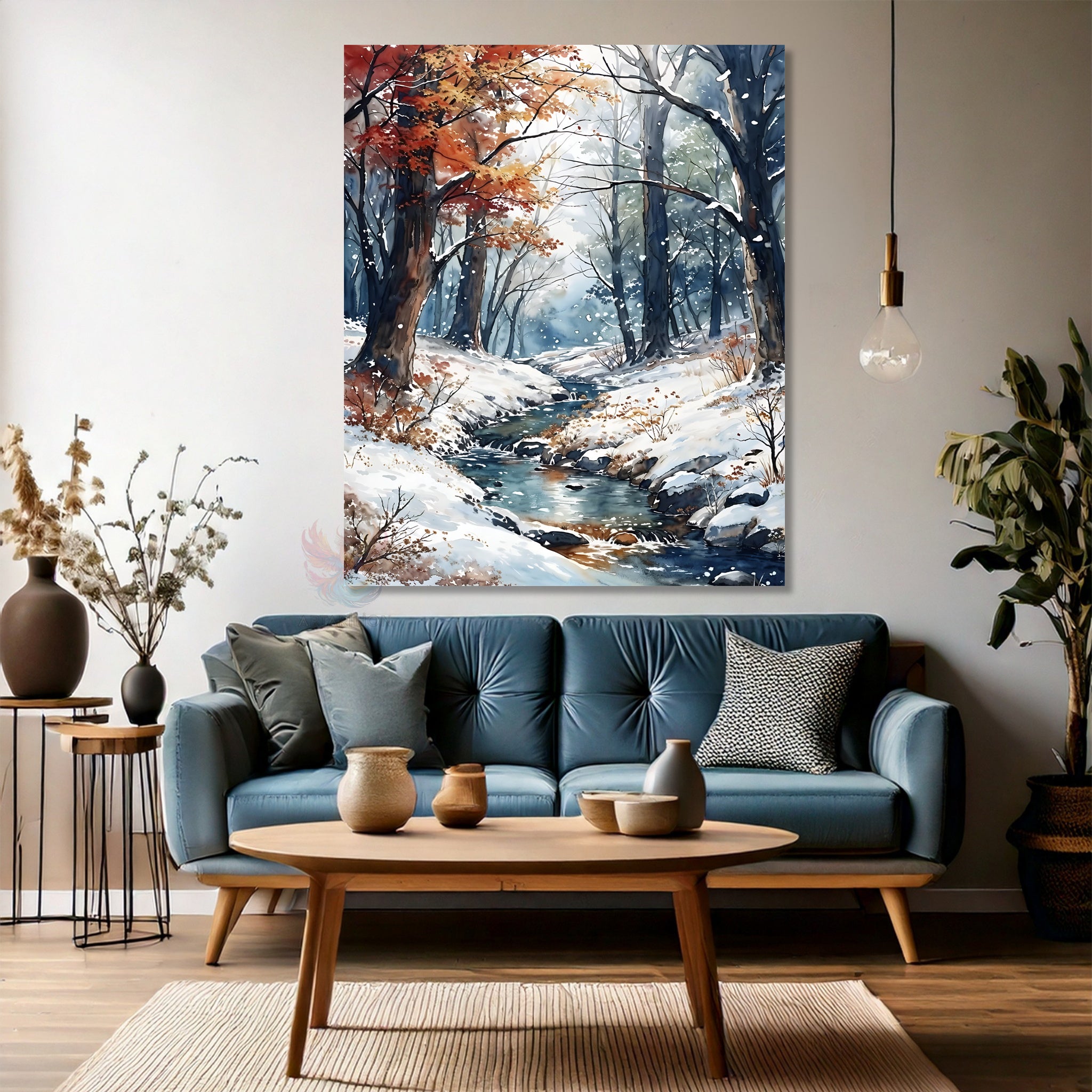 Nehir ve Karlı Orman Modern Dikey Kanvas Tablo