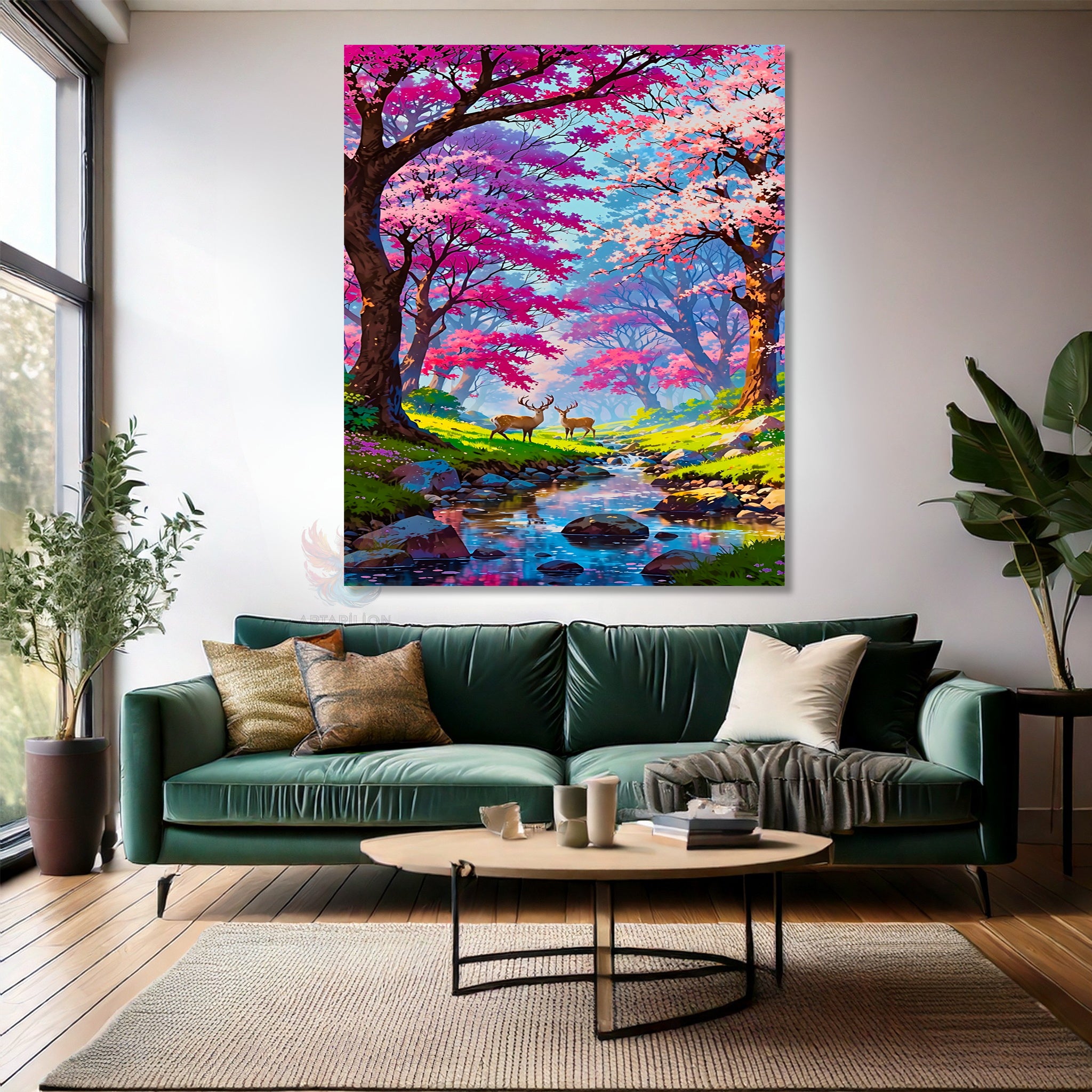 Pembe Ağaç Geyik Modern Dikey Kanvas Tablo