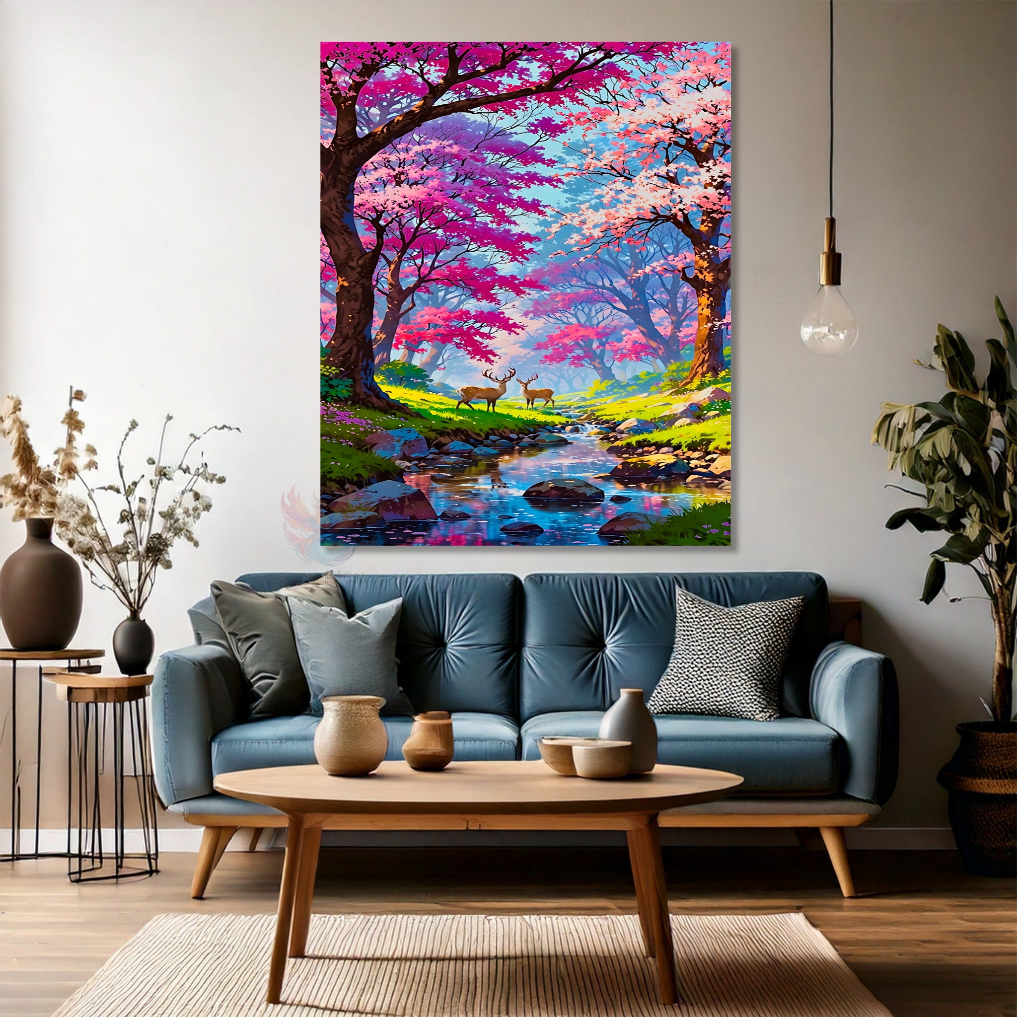 Pembe Ağaç Geyik Modern Dikey Kanvas Tablo