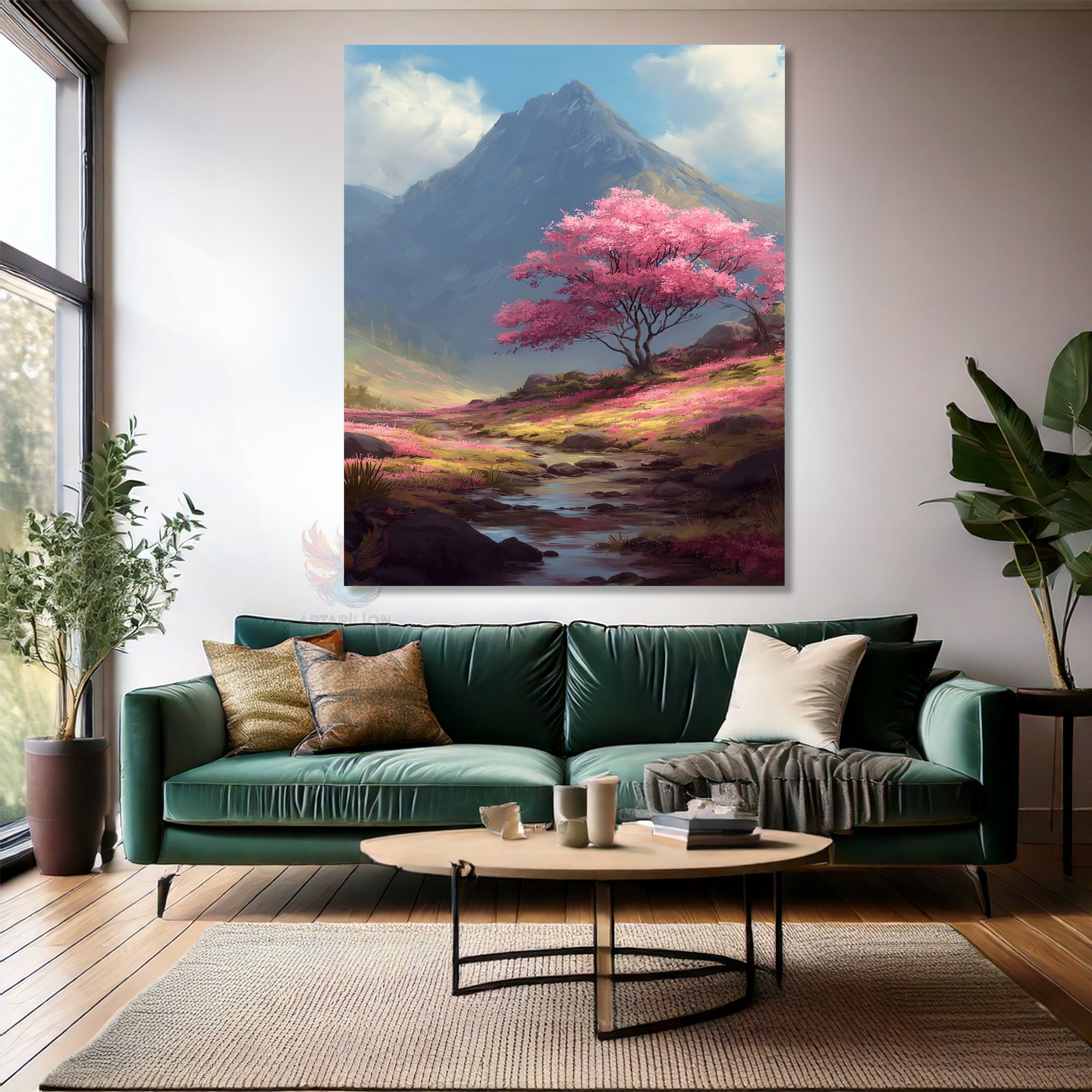 Pembe Ağaç Dağ Modern Dikey Kanvas Tablo