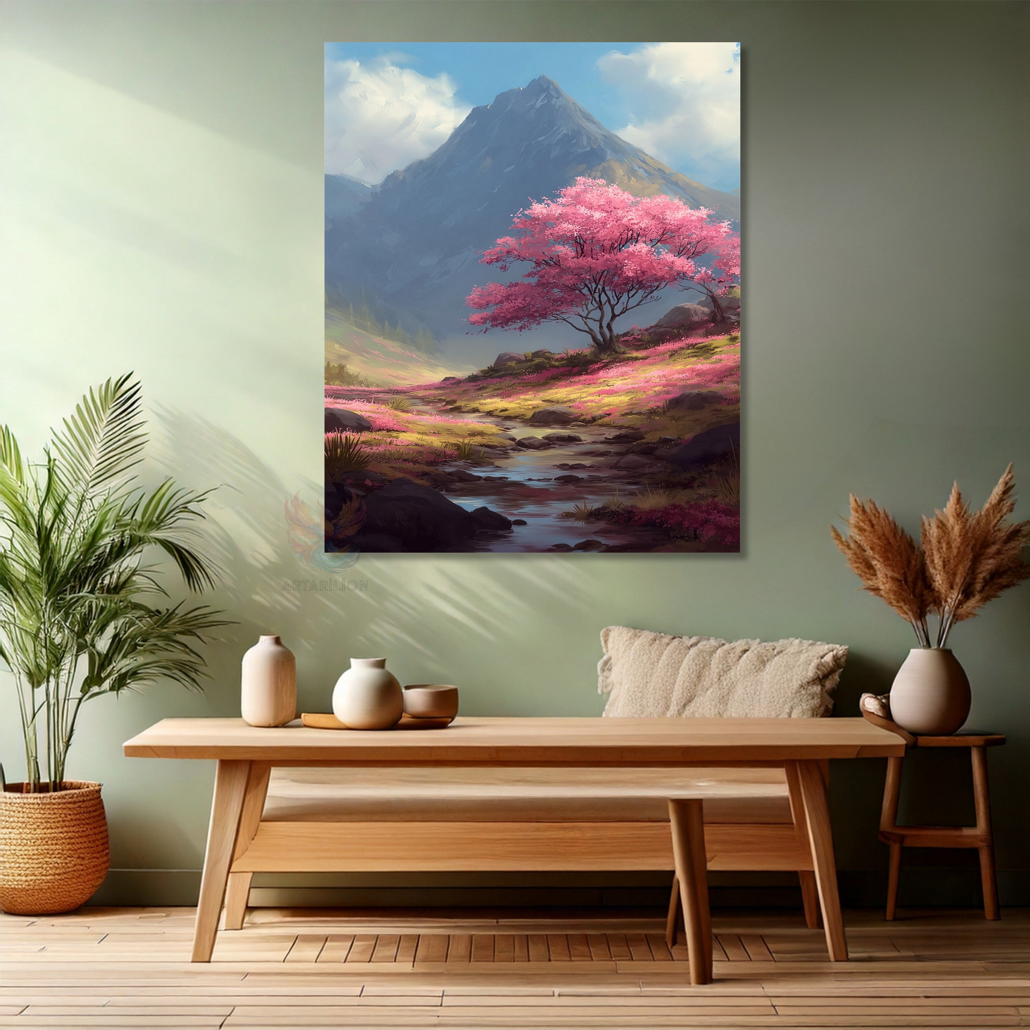 Pembe Ağaç Dağ Modern Dikey Kanvas Tablo