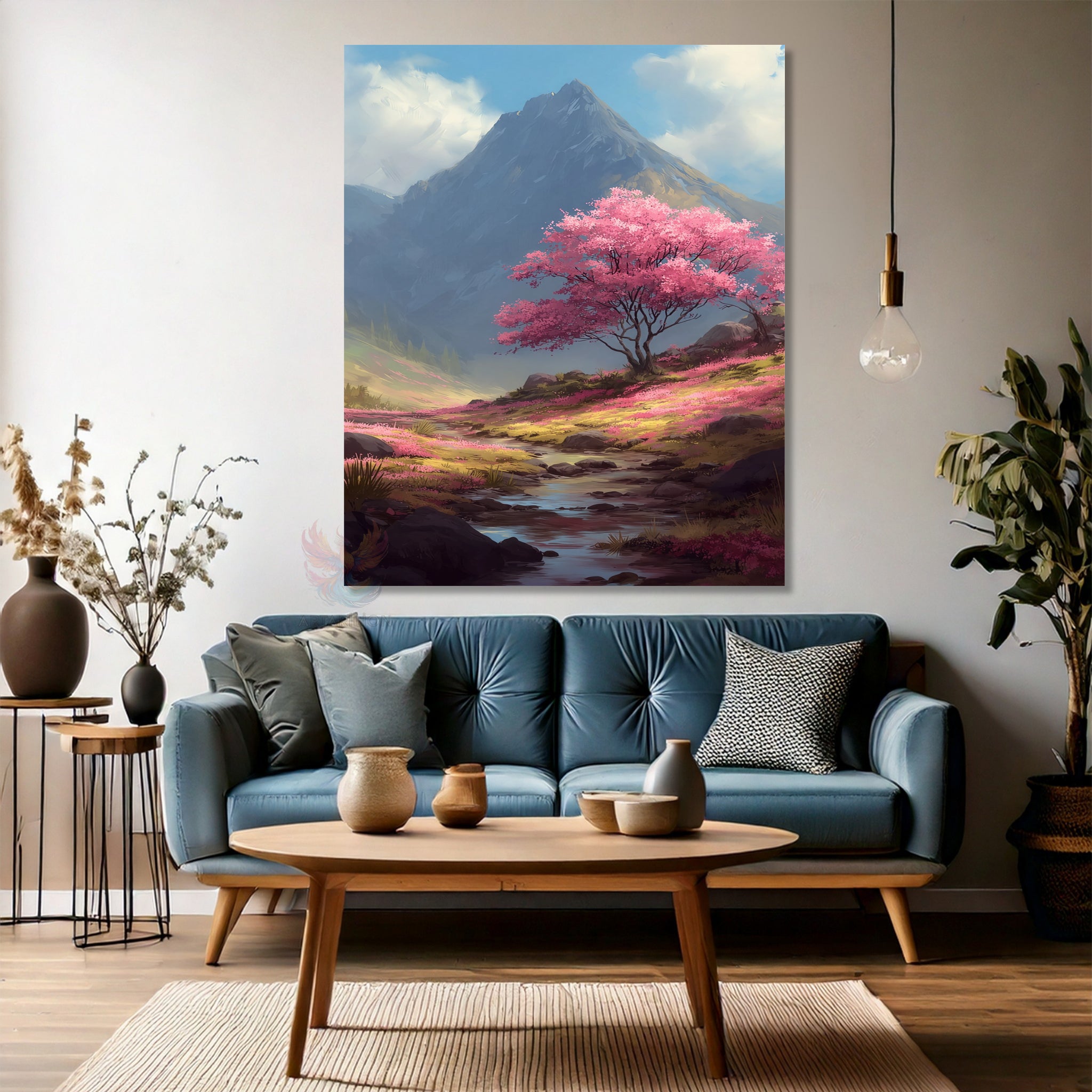 Pembe Ağaç Dağ Modern Dikey Kanvas Tablo