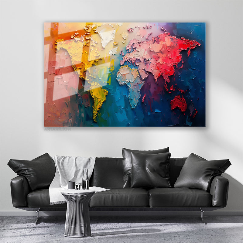 Glass Horizontal Wall Art, Glass Colored World Map, Modern Wall Art for Home, Office, Living Room.