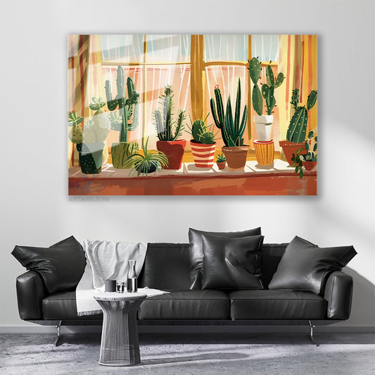 Glass Horizontal Wall Art: Cacti in a Glass Pot, Modern Wall Art for Home, Office, Living Room.