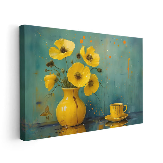 Canvas Vertical Wall Art, Canvas Yellow Flowers and Cup, Home Office Living Room Modern Wall Art