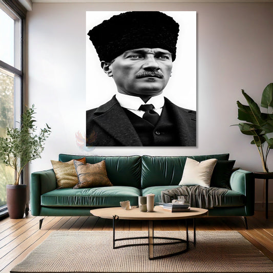 Kanvas Dikey Duvar Tablosu Kanvas Siyah Beyaz Atatürk Kalpaklı Ev Ofis Salon Modern Duvar Tablosu