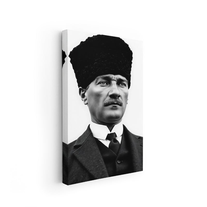 Siyah Beyaz Atatürk Kalpaklı Modern Dikey Kanvas Tablo
